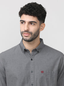 Carbon Black Birdeye Weave Cotton Plain Shirt With Button Down Collar