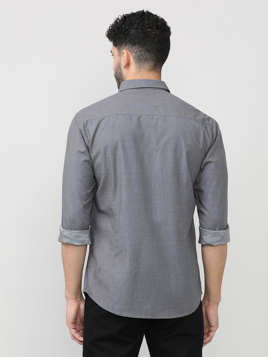 Carbon Black Birdeye Weave Cotton Plain Shirt With Button Down Collar