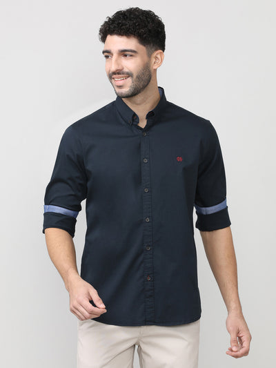 Navy Blue Twill Lycra Plain Shirt With Button Down Collar