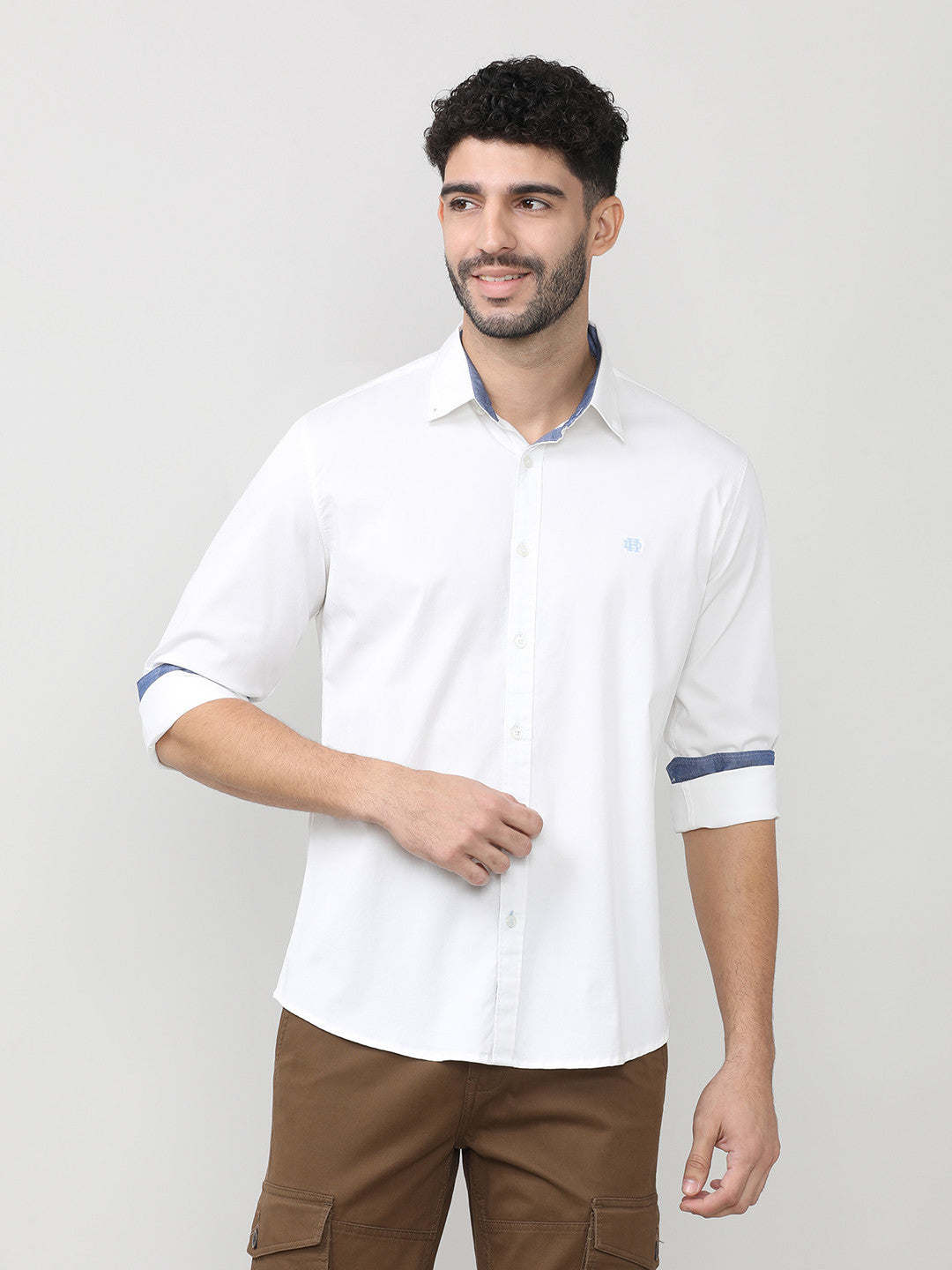 White Twill Lycra Plain Shirt With Button Down Collar