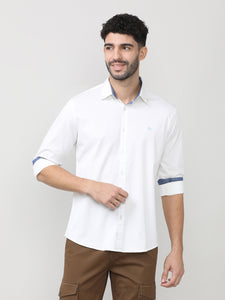 White Twill Lycra Plain Shirt With Button Down Collar