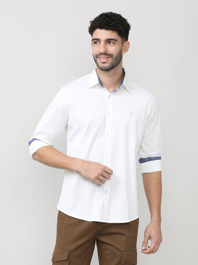 White Twill Lycra Plain Shirt With Button Down Collar