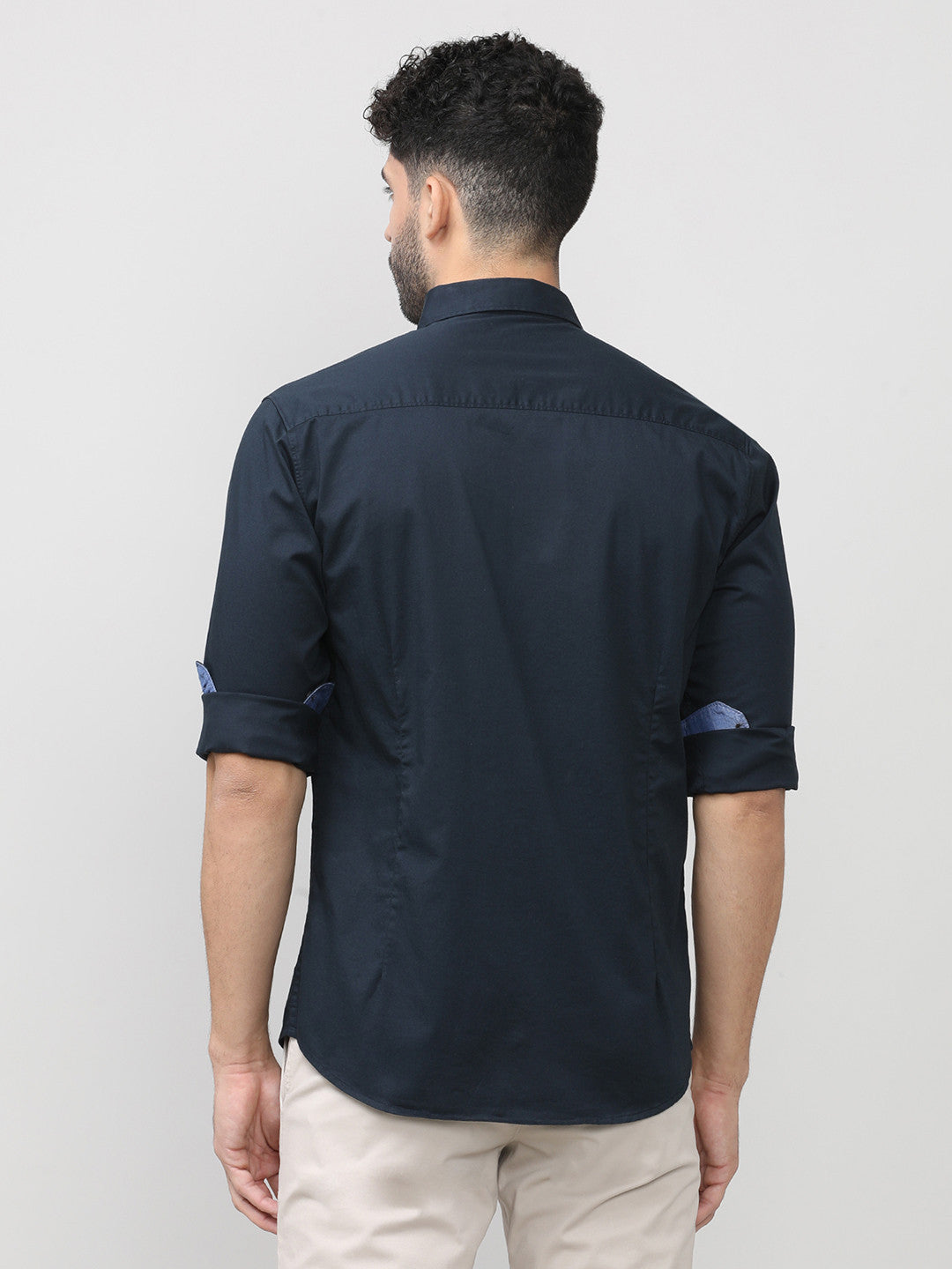 Navy Blue Twill Lycra Plain Shirt With Button Down Collar