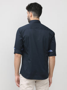 Navy Blue Twill Lycra Plain Shirt With Button Down Collar