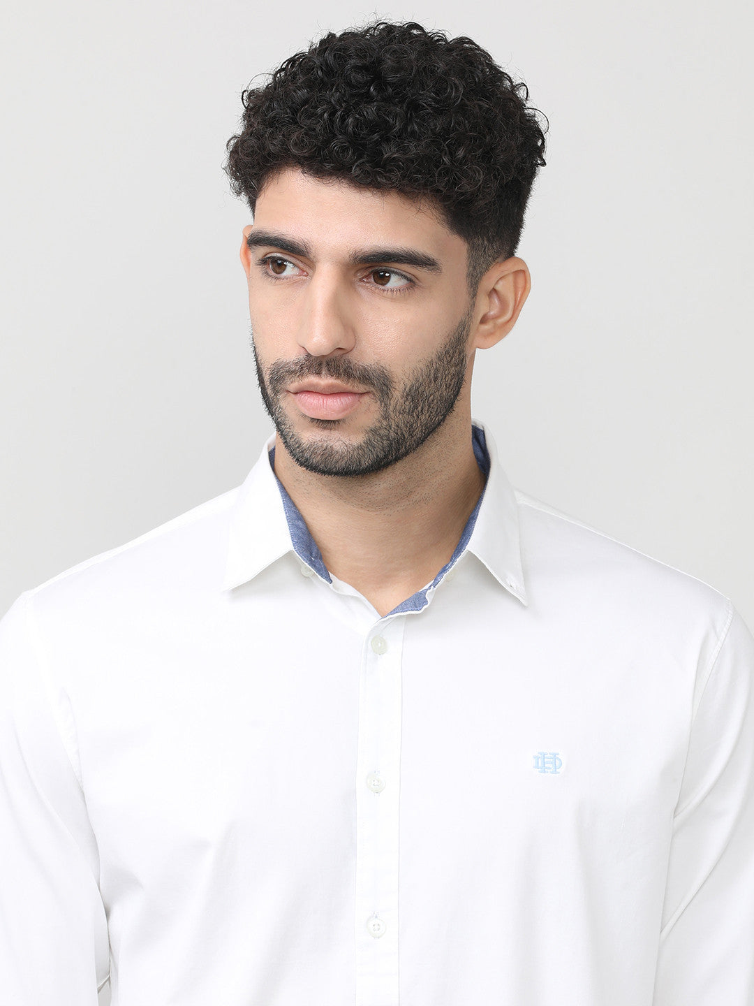 White Twill Lycra Plain Shirt With Button Down Collar