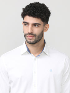 White Twill Lycra Plain Shirt With Button Down Collar