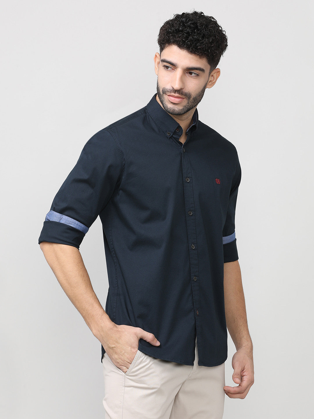 Navy Blue Twill Lycra Plain Shirt With Button Down Collar