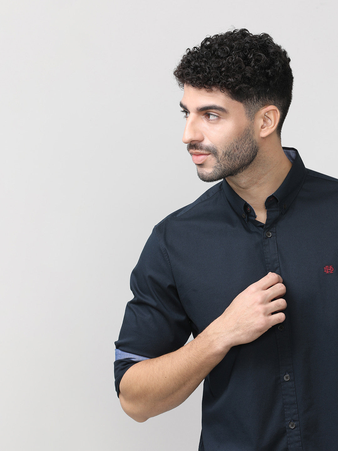 Navy Blue Twill Lycra Plain Shirt With Button Down Collar