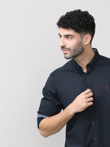 Navy Blue Twill Lycra Plain Shirt With Button Down Collar