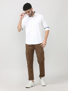 White Twill Lycra Plain Shirt With Button Down Collar