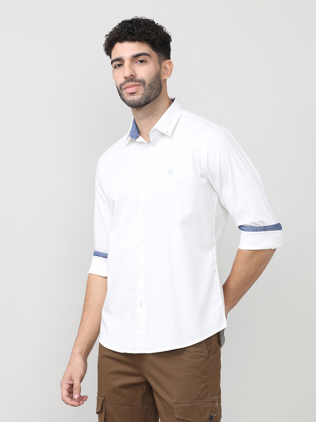 White Twill Lycra Plain Shirt With Button Down Collar
