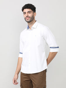 White Twill Lycra Plain Shirt With Button Down Collar