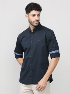 Navy Blue Twill Lycra Plain Shirt With Button Down Collar