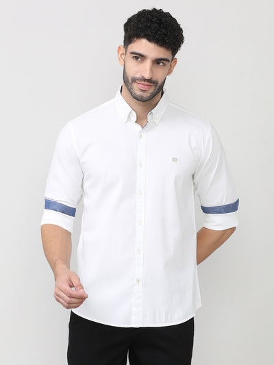 Salt White Dobby Lycra Plain Shirt With Button Down Collar Without Pocket