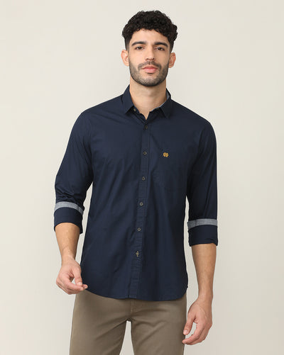 Navy Blue Poplin Shirt Without Pocket