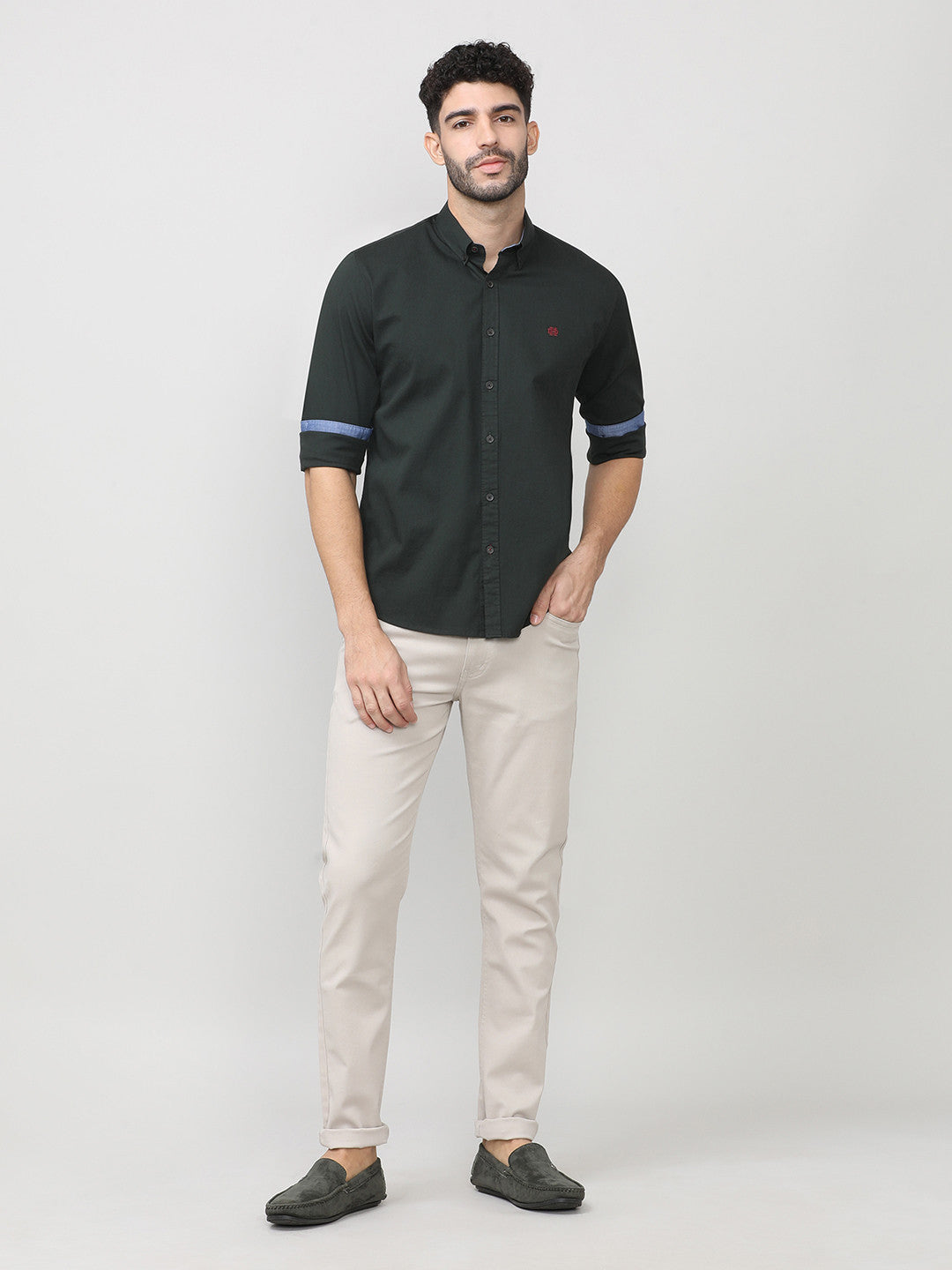 Pine Green Dobby Lycra Plain Shirt With Button Down Collar Without Pocket