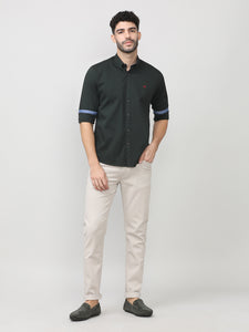 Pine Green Dobby Lycra Plain Shirt With Button Down Collar Without Pocket