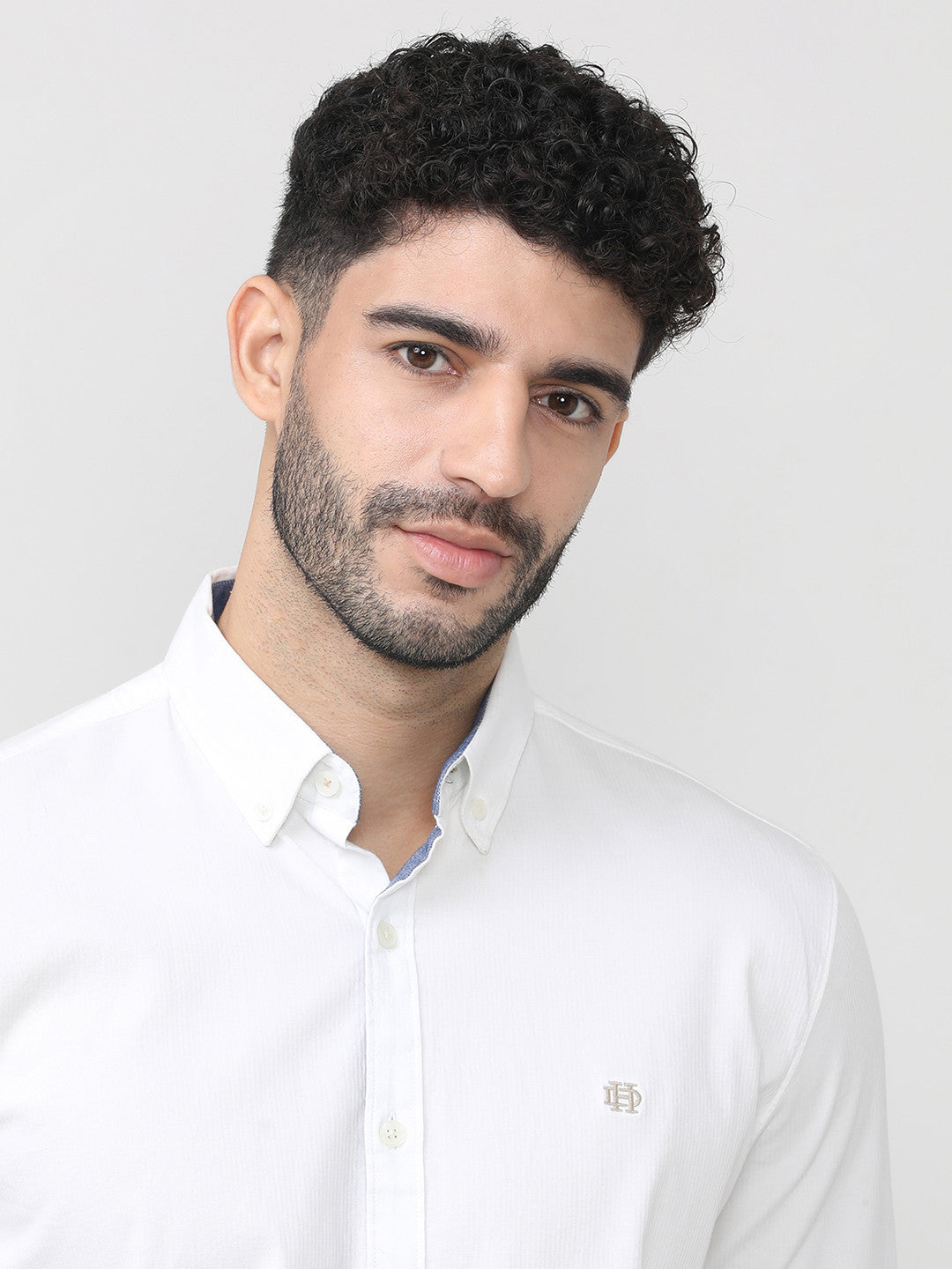 Salt White Dobby Lycra Plain Shirt With Button Down Collar Without Pocket