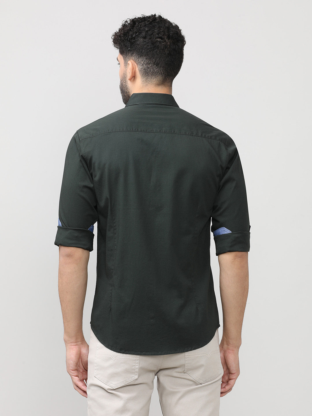 Pine Green Dobby Lycra Plain Shirt With Button Down Collar Without Pocket