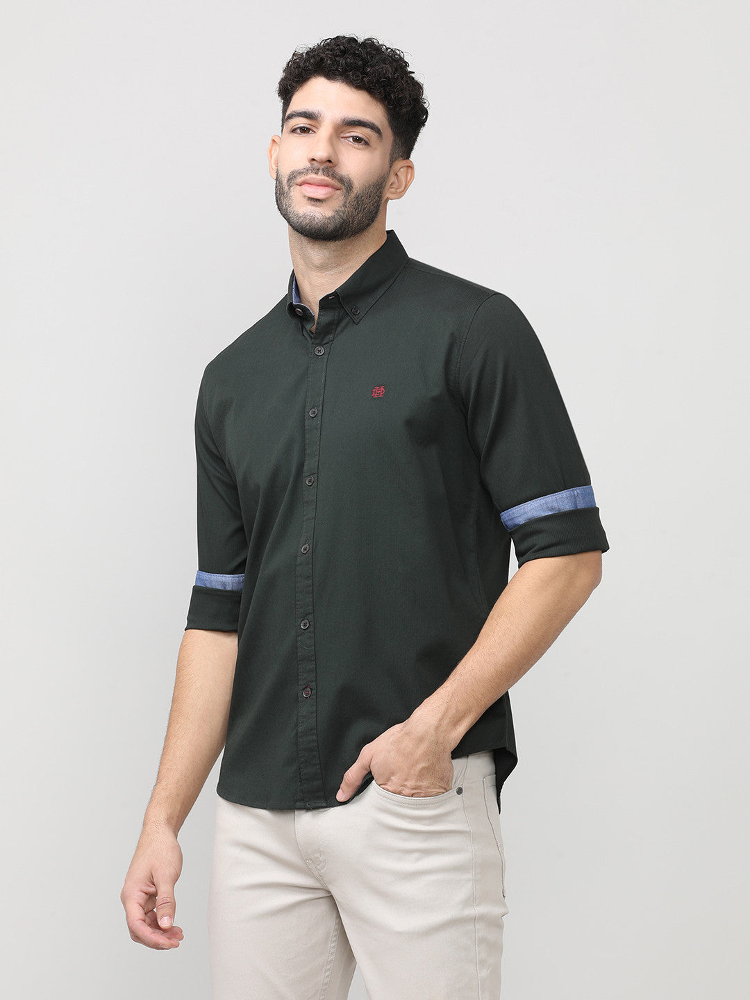Pine Green Dobby Lycra Plain Shirt With Button Down Collar Without Pocket