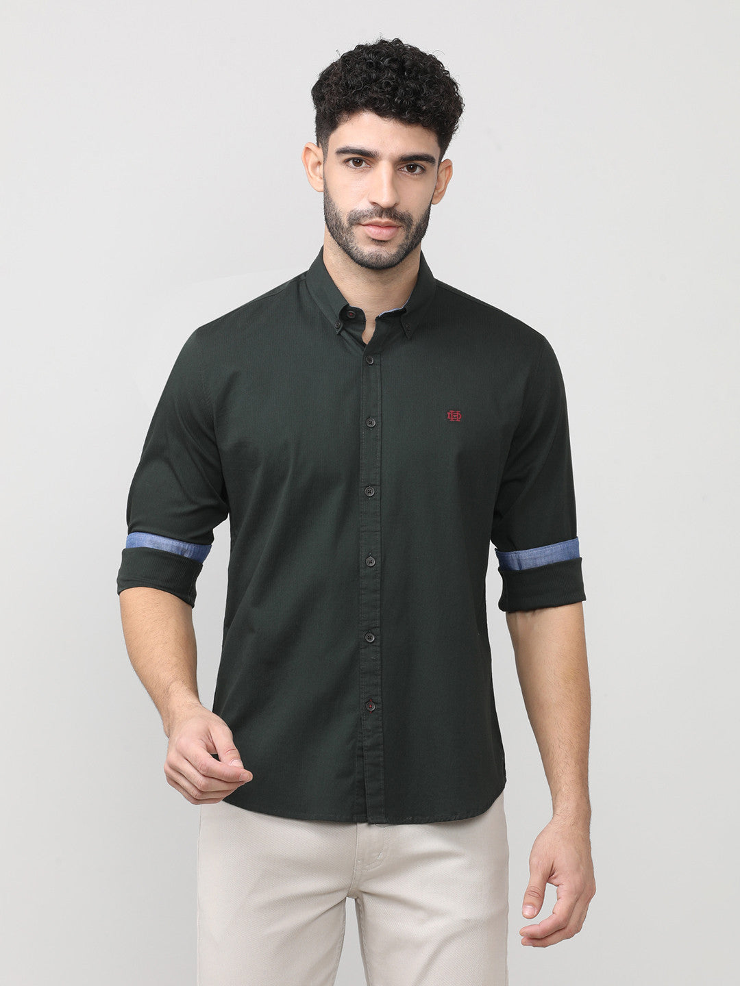 Pine Green Dobby Lycra Plain Shirt With Button Down Collar Without Pocket