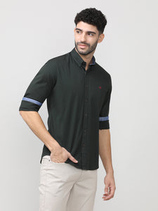 Pine Green Dobby Lycra Plain Shirt With Button Down Collar Without Pocket