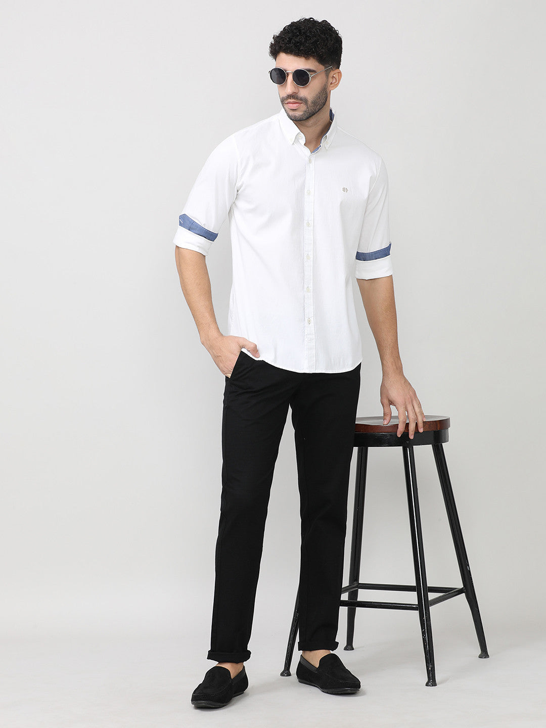Salt White Dobby Lycra Plain Shirt With Button Down Collar Without Pocket