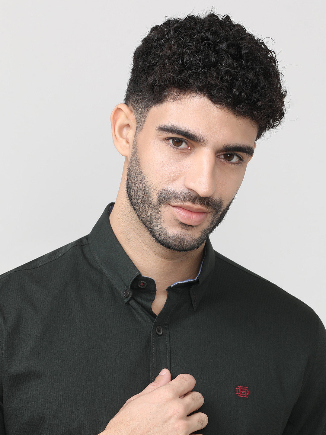 Pine Green Dobby Lycra Plain Shirt With Button Down Collar Without Pocket