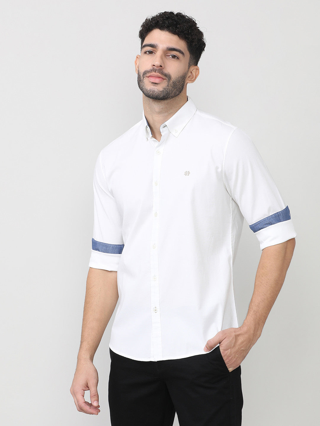 Salt White Dobby Lycra Plain Shirt With Button Down Collar Without Pocket