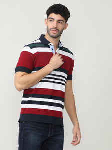 Maroon Pique Stripes Polo T-shirt With Contrast Collar