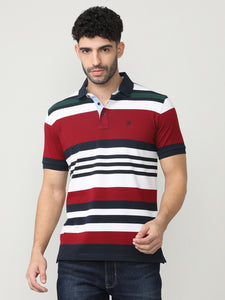 Maroon Pique Stripes Polo T-shirt With Contrast Collar