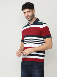 Maroon Pique Stripes Polo T-shirt With Contrast Collar