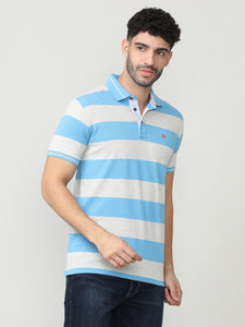 Sky Blue Pique Stripes Polo T-shirt With Tipping Collar