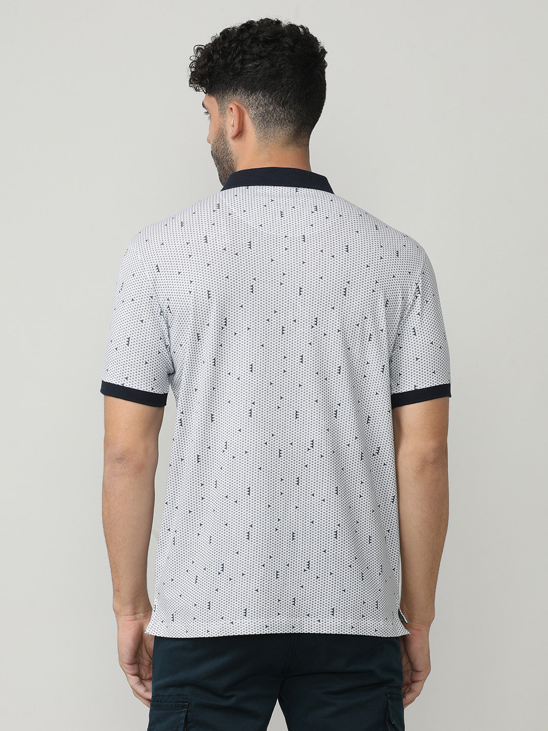 White Pique Lycra Graphic Printed Polo T-shirt With Constrast Collar