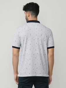 White Pique Lycra Graphic Printed Polo T-shirt With Constrast Collar