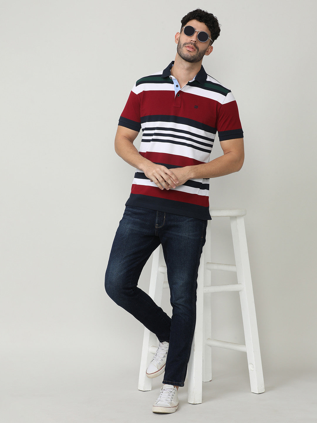 Maroon Pique Stripes Polo T-shirt With Contrast Collar