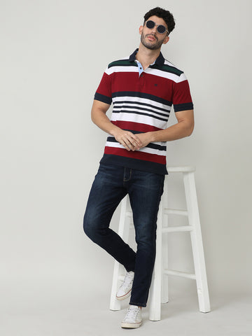 Maroon Pique Stripes Polo T-shirt With Contrast Collar