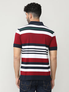 Maroon Pique Stripes Polo T-shirt With Contrast Collar