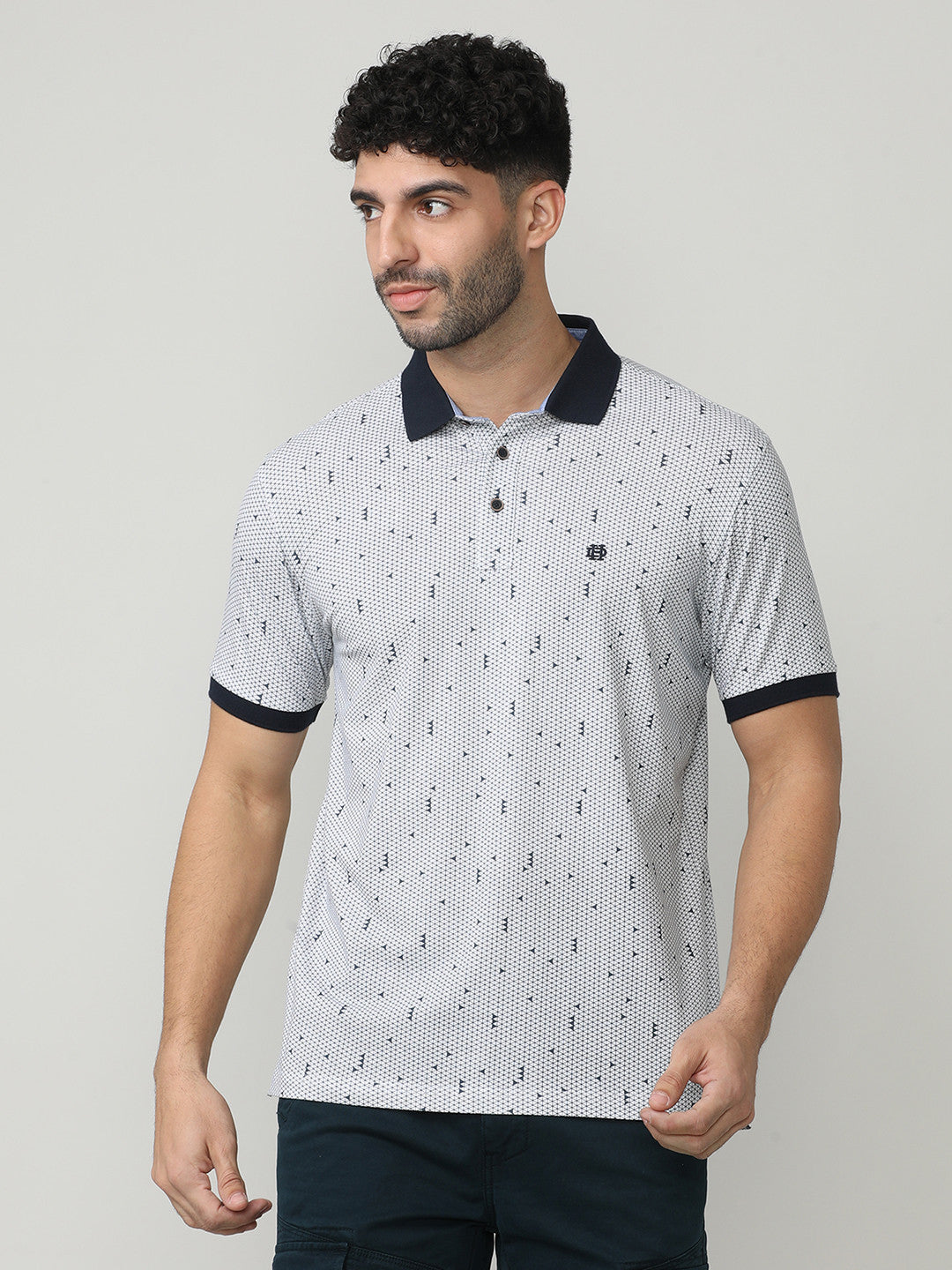 White Pique Lycra Graphic Printed Polo T-shirt With Constrast Collar