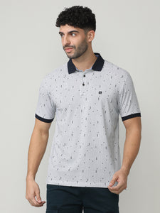 White Pique Lycra Graphic Printed Polo T-shirt With Constrast Collar