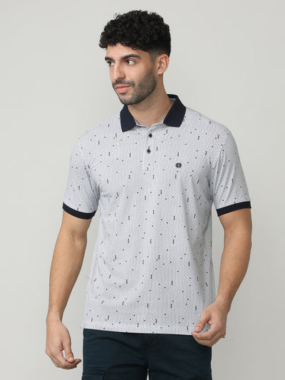 White Pique Lycra Graphic Printed Polo T-shirt With Constrast Collar