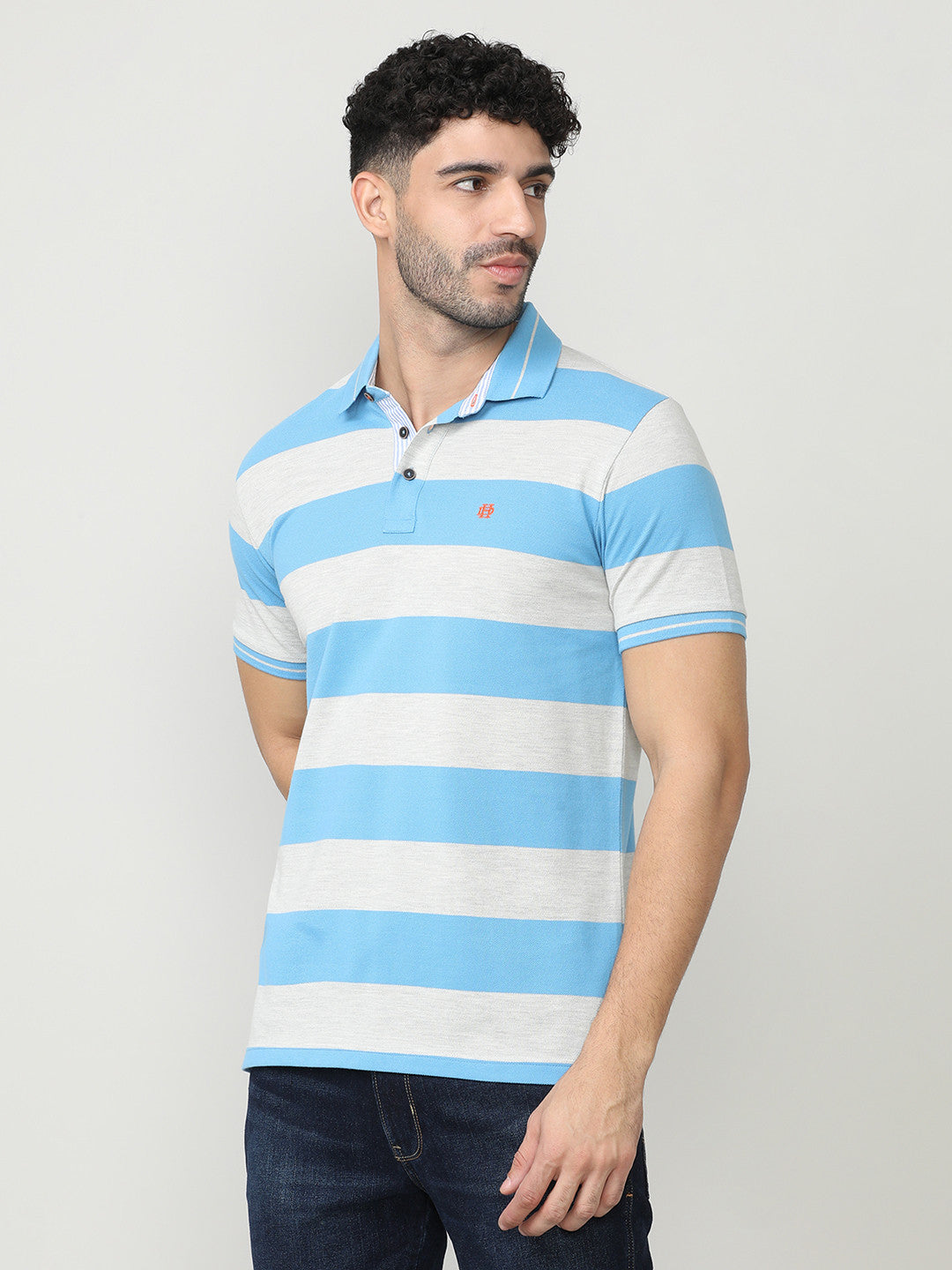Sky Blue Pique Stripes Polo T-shirt With Tipping Collar