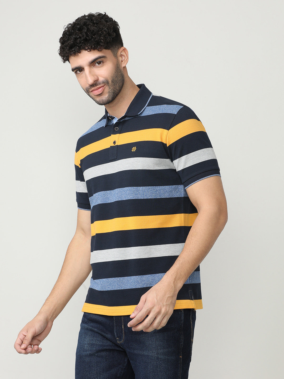 Navy Pique Stripes Polo T-shirt With Tipping Collar