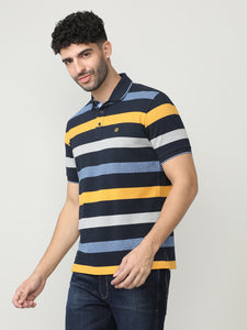 Navy Pique Stripes Polo T-shirt With Tipping Collar