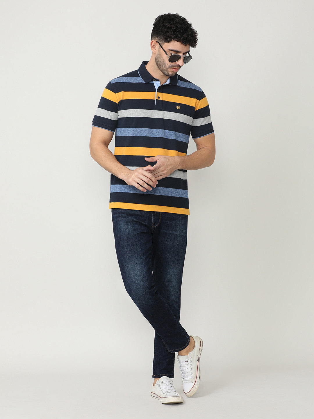 Navy Pique Stripes Polo T-shirt With Tipping Collar