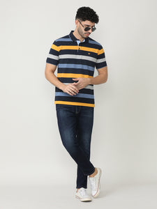 Navy Pique Stripes Polo T-shirt With Tipping Collar