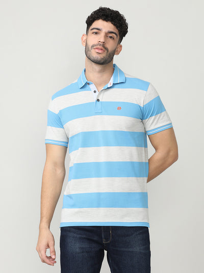 Sky Blue Pique Stripes Polo T-shirt With Tipping Collar