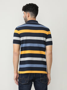 Navy Pique Stripes Polo T-shirt With Tipping Collar