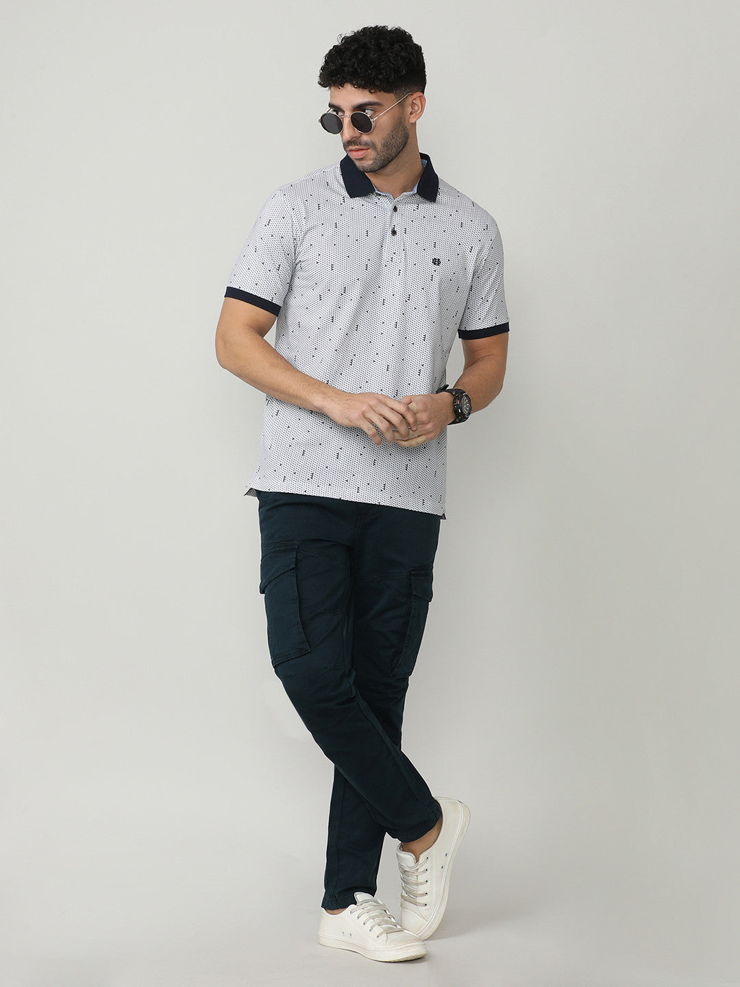 White Pique Lycra Graphic Printed Polo T-shirt With Constrast Collar