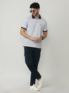 White Pique Lycra Graphic Printed Polo T-shirt With Constrast Collar